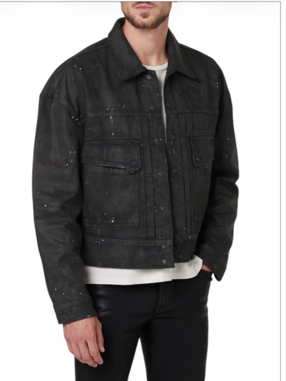 🌻NEW NWOT Hudson boxy crop denim trucker jacket black/charcoal paint Size L